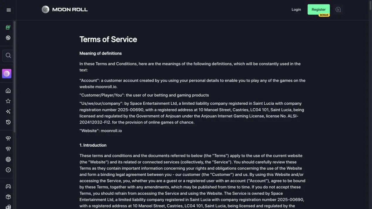 MoonRoll's terms define the account, website and contracting company, linking moonroll.io to Space Entertainment Ltd. This opening section establishes who the agreement is with.