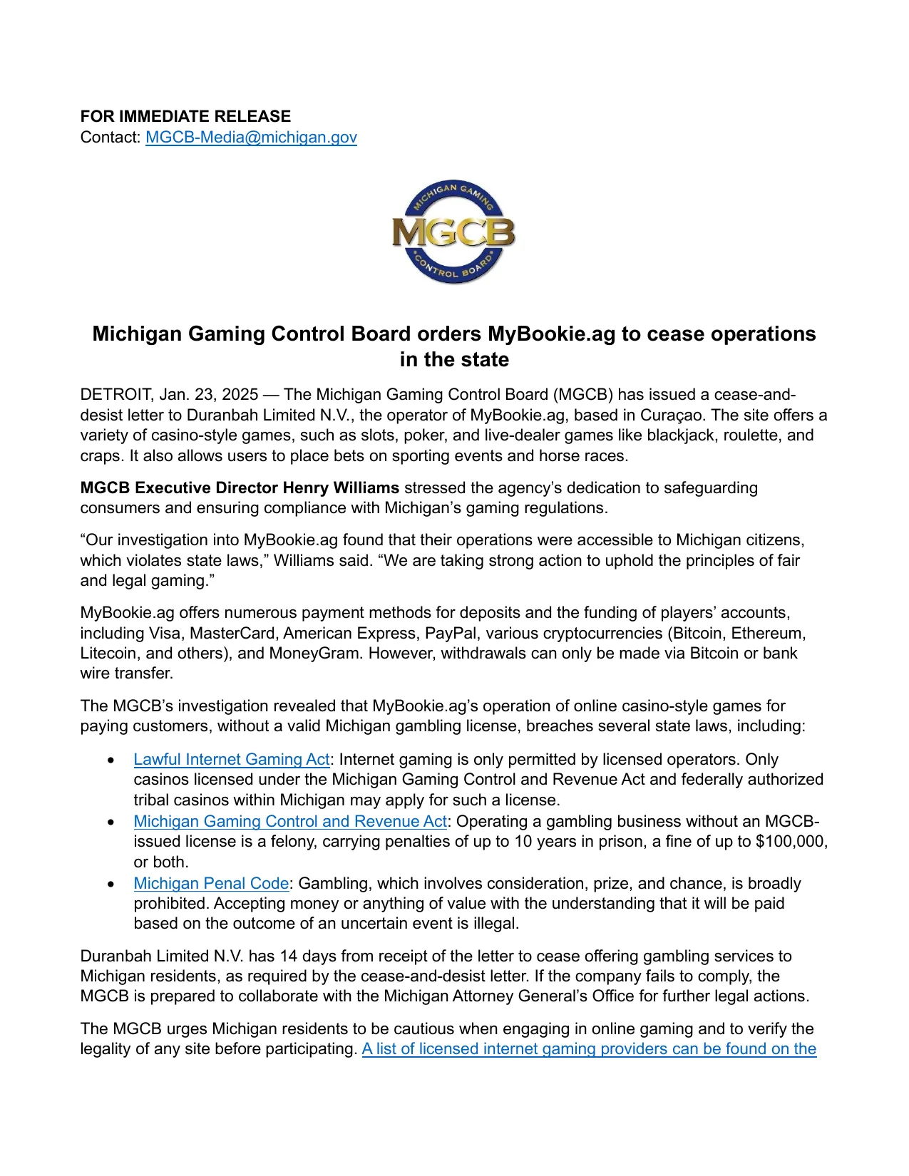 Michigan's January 2025 notice names Duranbah Limited N.V. as MyBookie.ag's operator and distinguishes its many deposit methods from Bitcoin and bank-wire withdrawals.