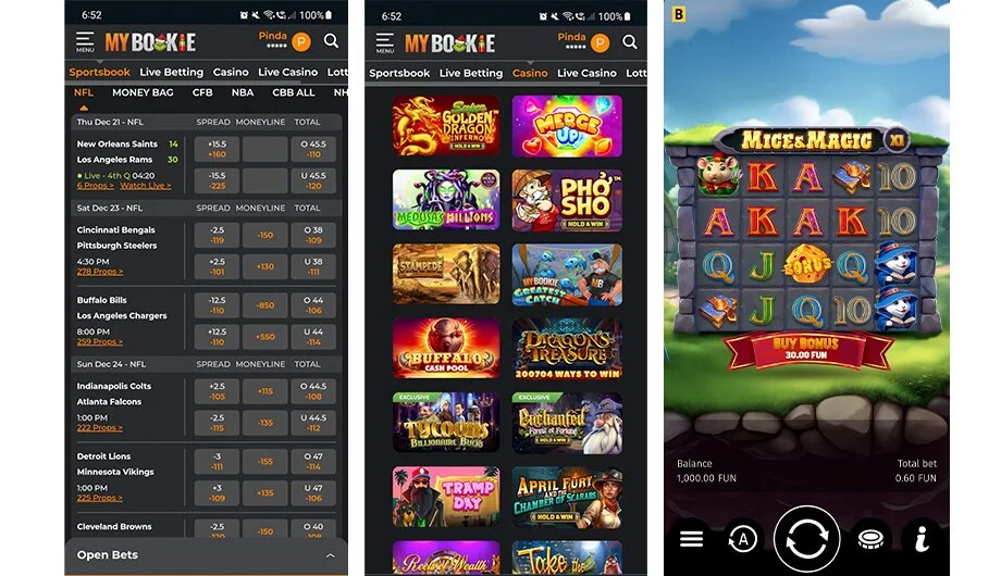 These MyBookie mobile views show sports markets, the casino catalogue and a slot with a FUN balance. That demo balance is distinct from withdrawable cash.