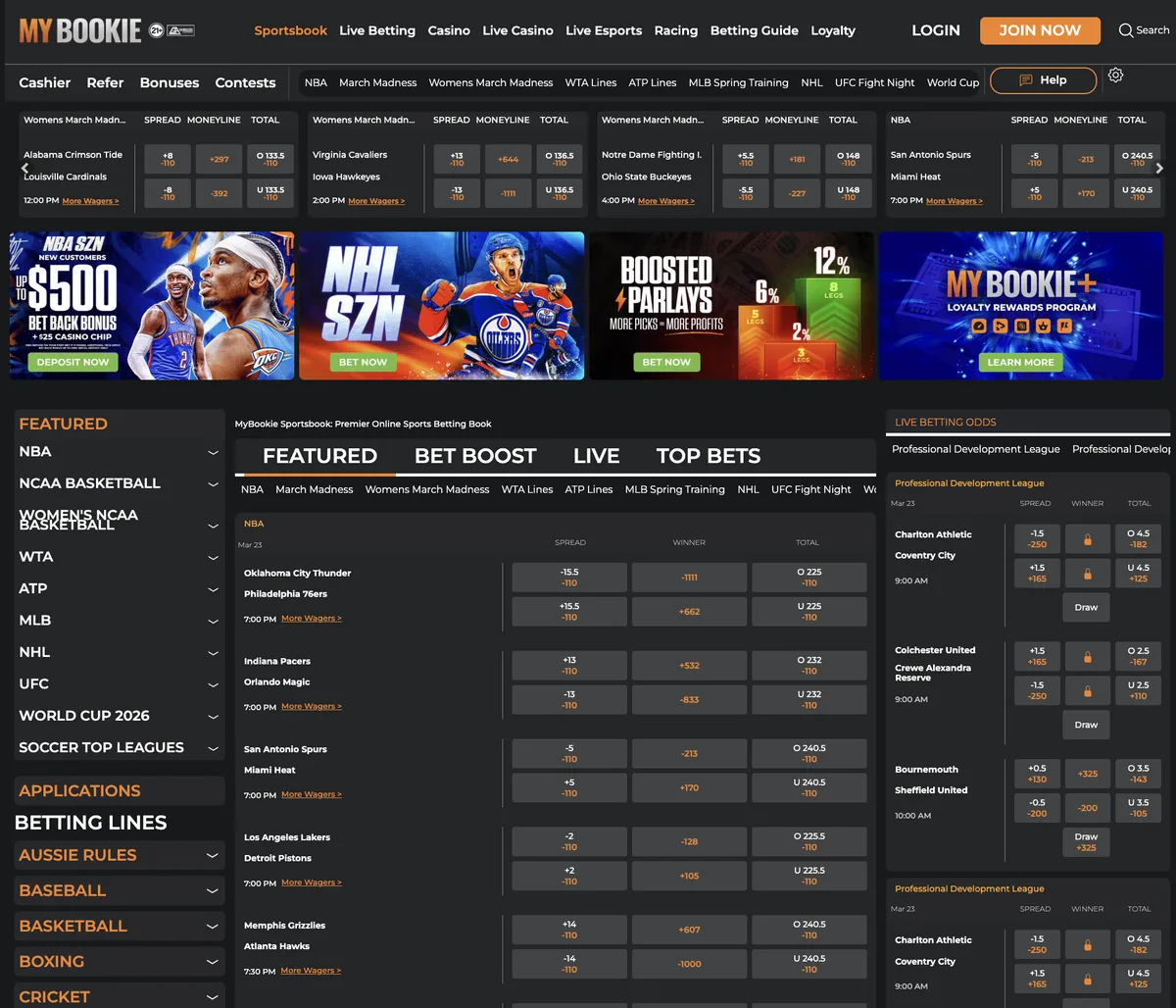MyBookie's desktop sportsbook places spreads, moneylines and totals alongside live betting, promotions and the loyalty programme.