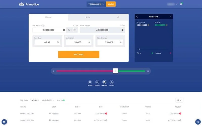 This PrimeDice interface view brings bet amount, win chance, payout and live statistics together. Its betting controls and public activity table describe gameplay; they do not establish a wallet withdrawal ceiling.