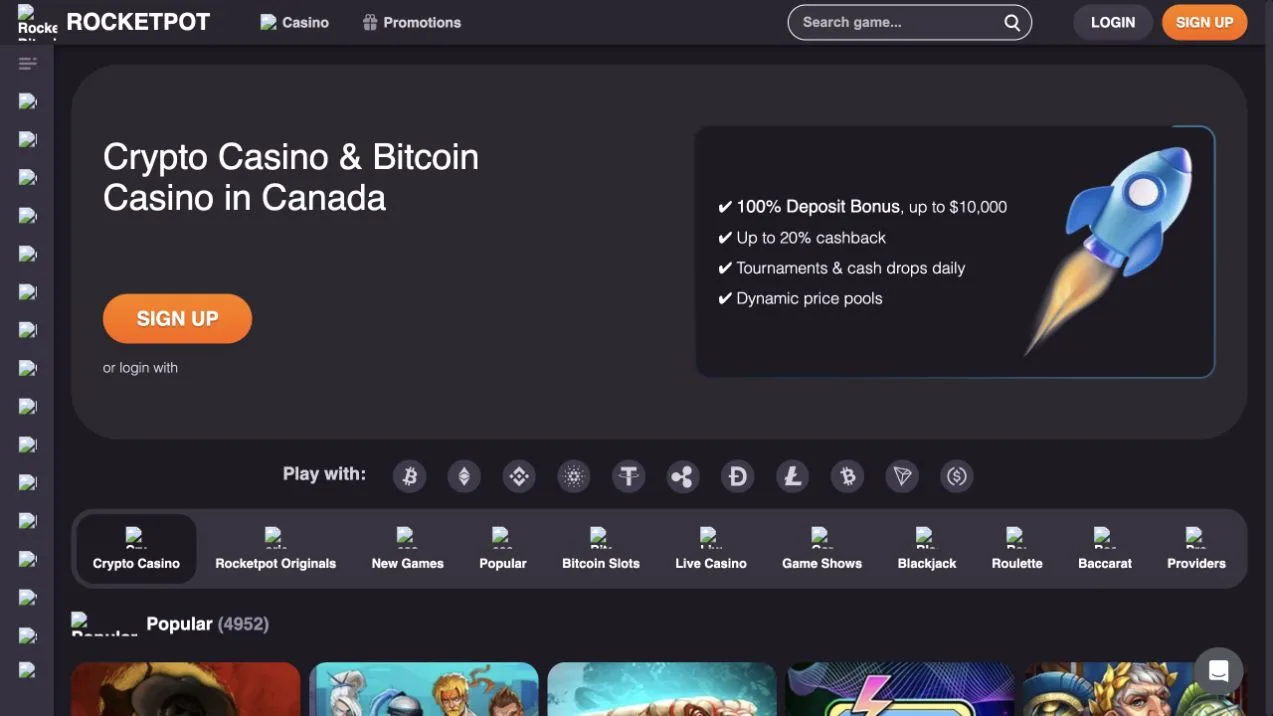 Rocketpot's homepage combines a crypto-casino introduction with deposit-bonus and cashback promotions. Those advertised offers are separate from the withdrawal clause examined below.