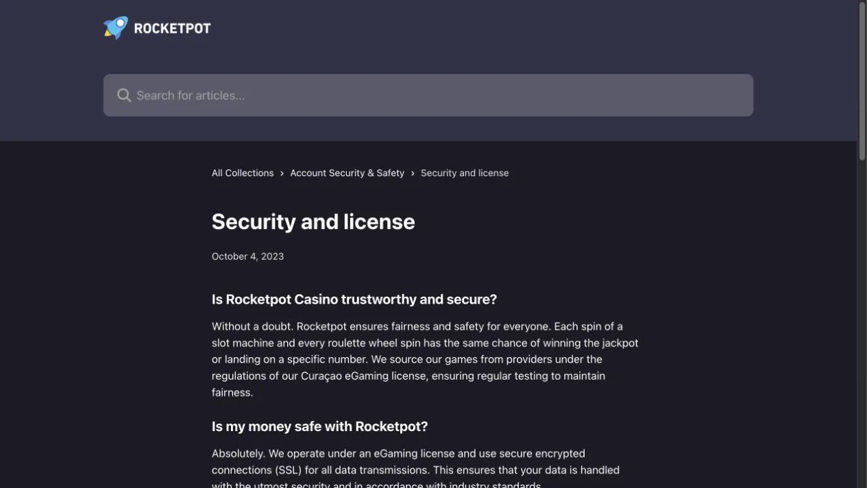 Rocketpot's October 2023 help article describes its licensing and SSL-security position at that time. It is a historical operator statement, not a current register lookup.