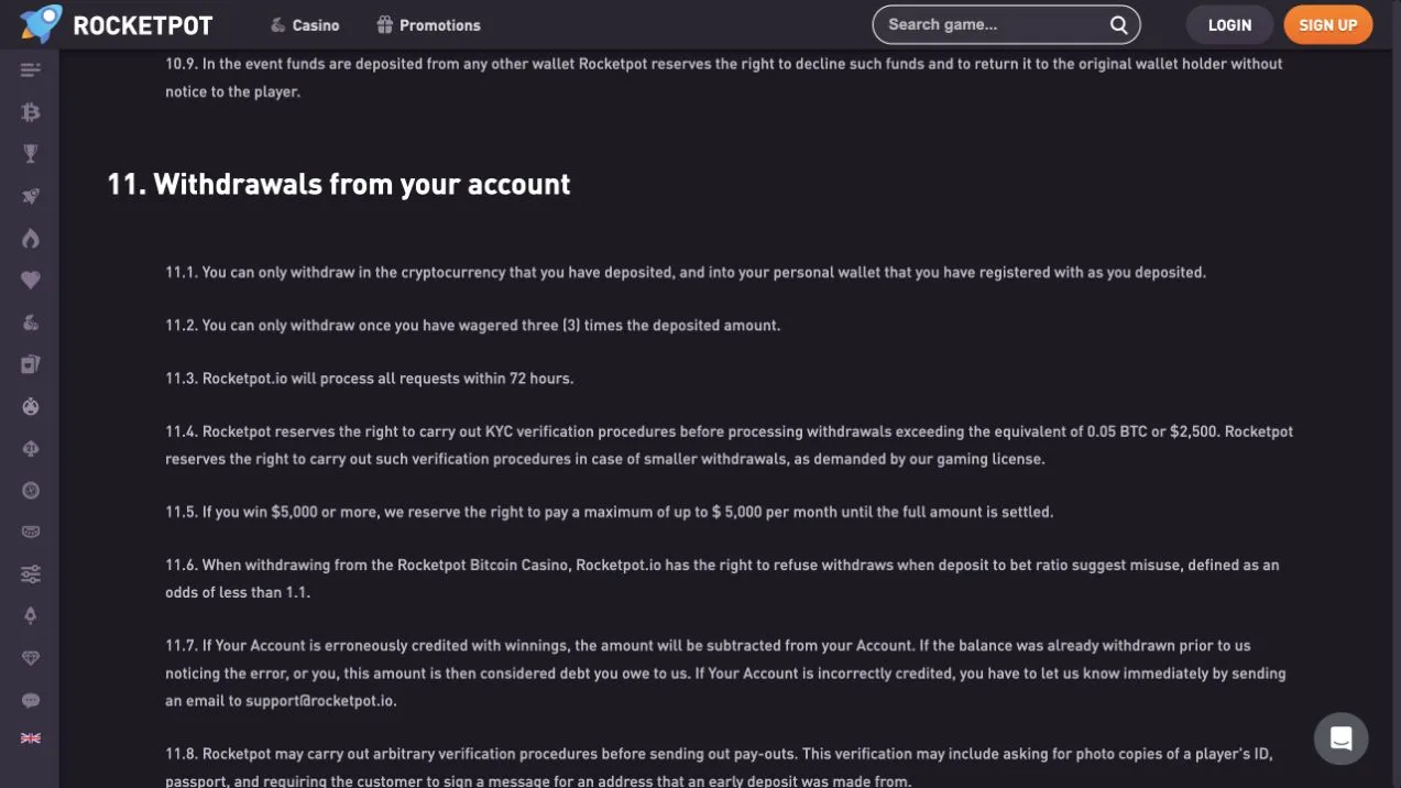 Rocketpot's withdrawal clause requires 3× deposit turnover and allows qualifying wins of US$5,000 or more to be paid at up to US$5,000 monthly, despite the 72-hour processing statement.