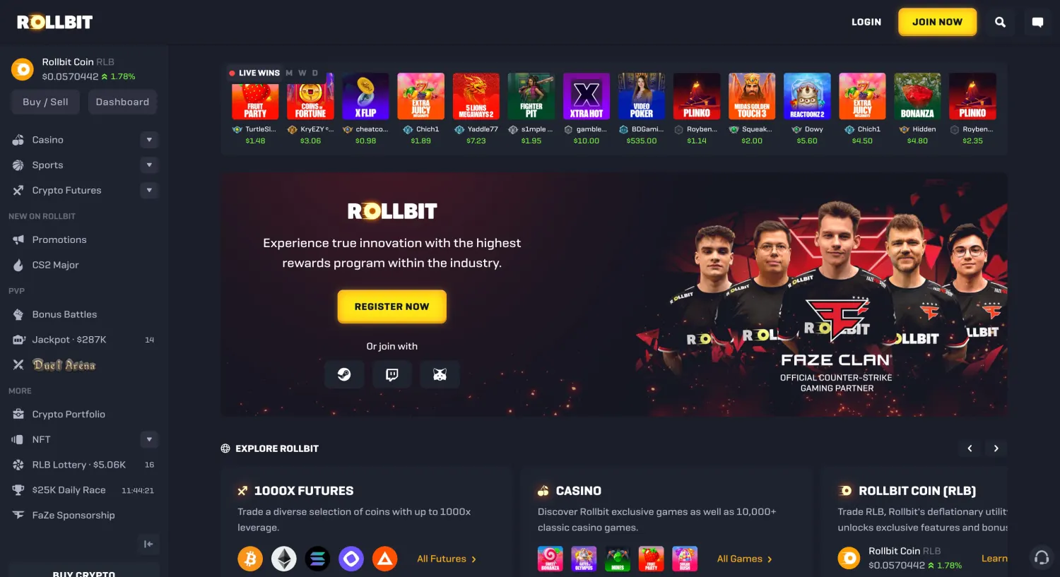 Rollbit's homepage places casino, sports, crypto futures and RLB features alongside each other. The leverage figure pictured belongs to futures, not a casino withdrawal allowance.