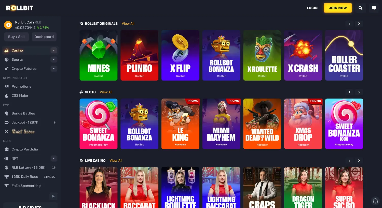 Rollbit's catalogue separates its Originals from third-party slots and live casino tables, naming Rollbit, Hacksaw and Pragmatic Play on the visible tiles.