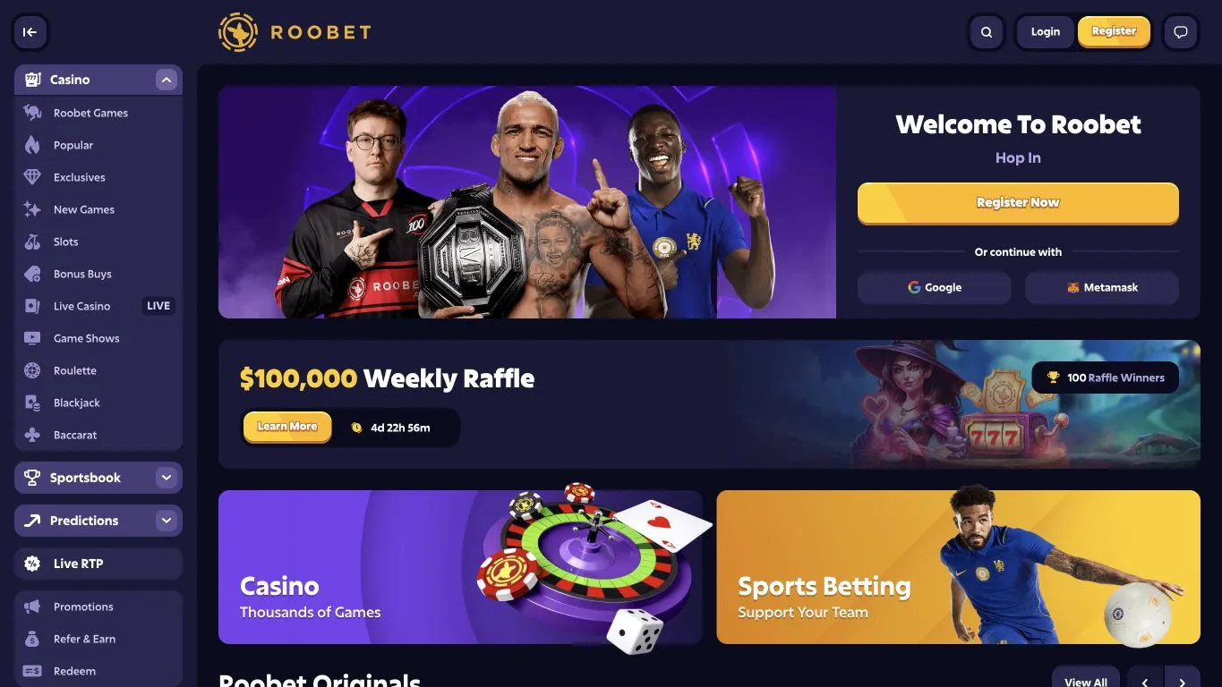 Roobet presents its own games, third-party casino categories, sportsbook and predictions separately, with Google and MetaMask shown as sign-up options.