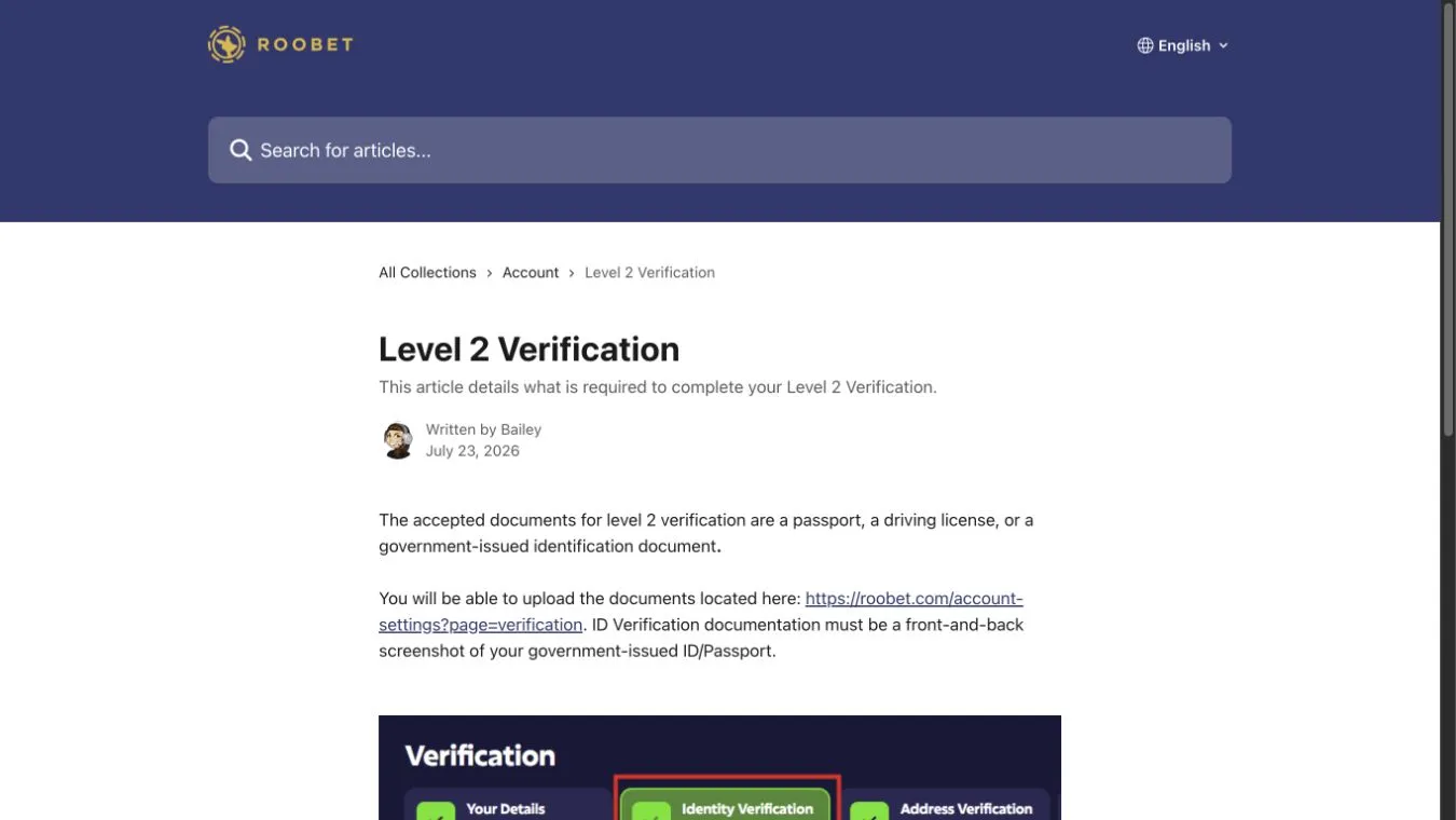 Roobet's Level 2 guide identifies passports, driving licences and government IDs as accepted documents and directs uploads through the account verification page.