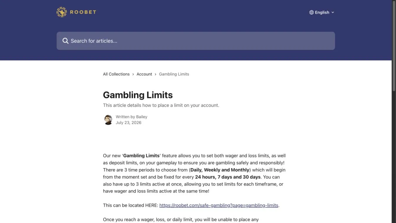 Roobet's Gambling Limits feature offers player-set wager, loss and deposit controls over 24-hour, seven-day and 30-day periods. These controls are not casino-imposed payout ceilings.