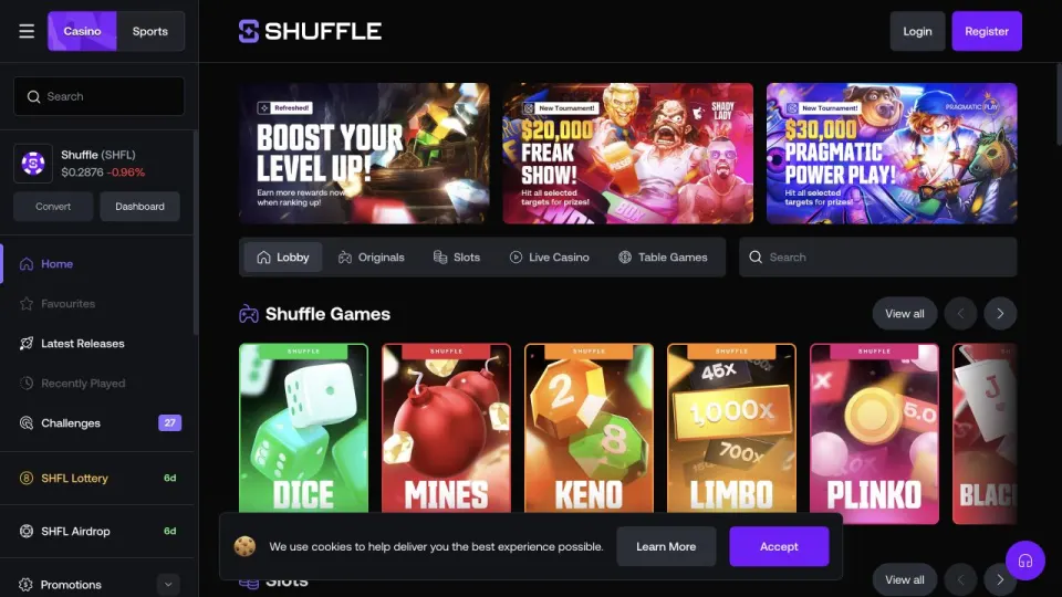 Shuffle's interface separates its SHFL token features, lottery and airdrop from Originals, slots and live casino, while showing account registration controls above the games.