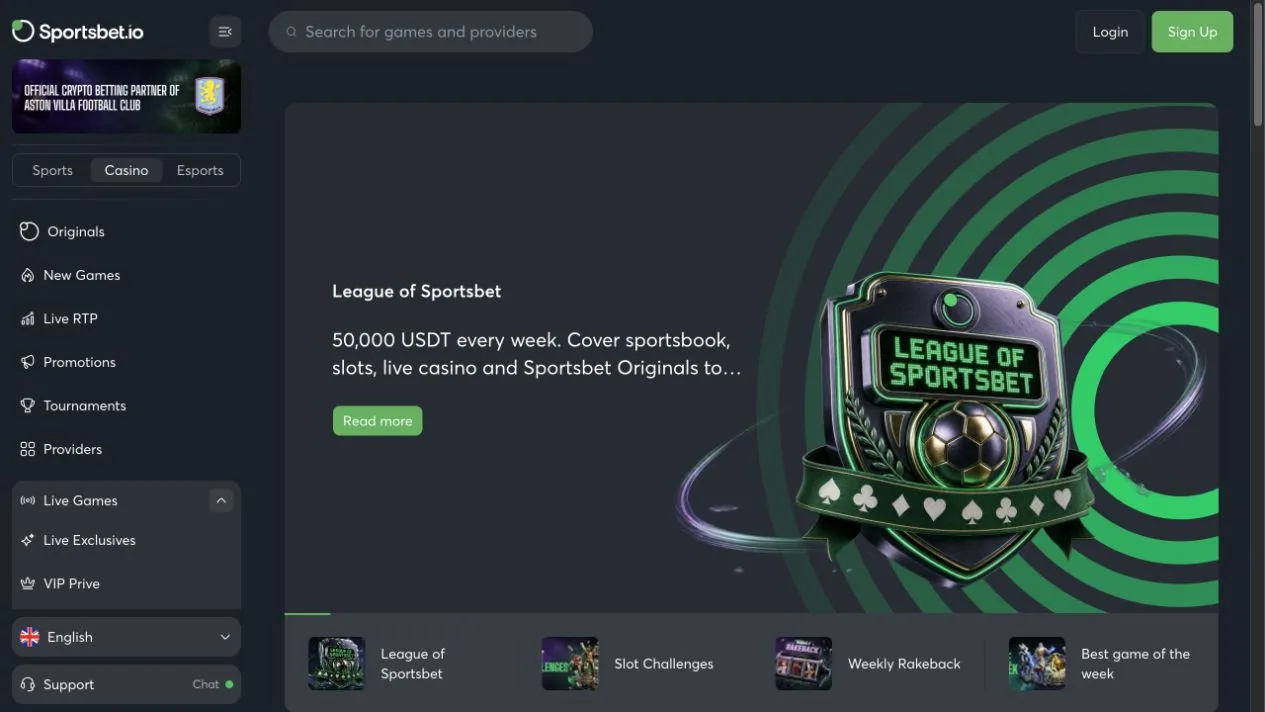 Sportsbet.io's casino view separates Originals, live games and VIP tables, with a promotion spanning several products. The advertised weekly prize pool is a campaign amount, not a player's cashout limit.