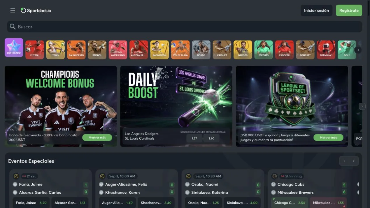 Sportsbet.io's sportsbook displays live scores, decimal odds and event markets alongside promotional banners. These changing event prices illustrate the interface captured at the time, not fixed odds or payout terms.