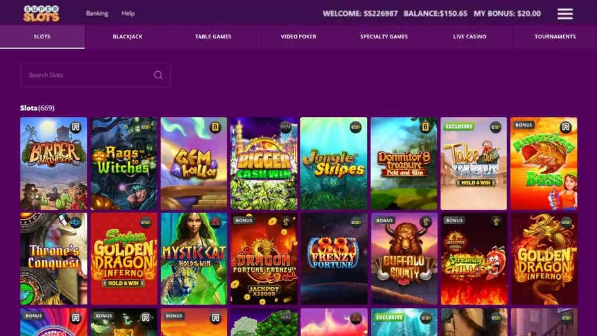 The Super Slots lobby exposes banking and bonus controls above categories for slots, blackjack, table games, video poker, live casino and tournaments.