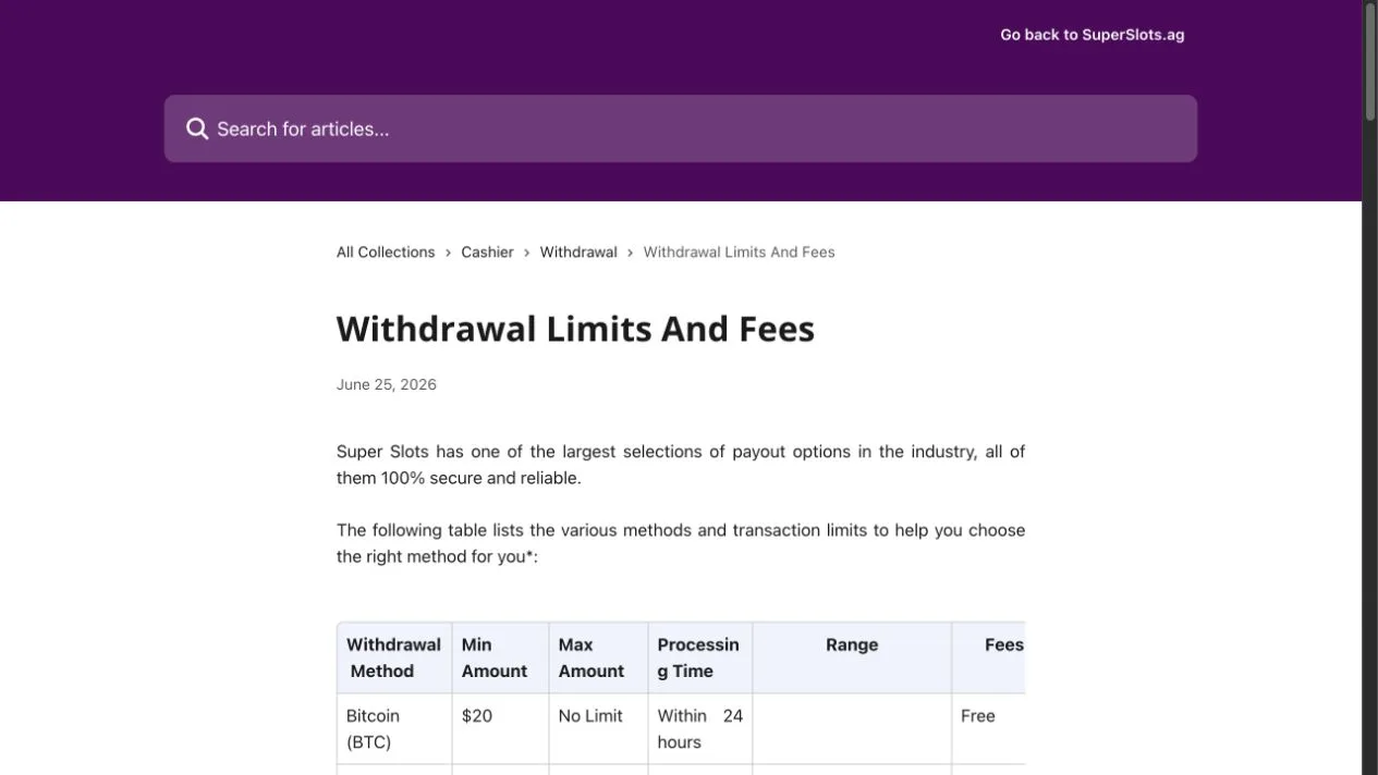 The Super Slots withdrawal table lists Bitcoin with a US$20 minimum, “No Limit” maximum, free fees and processing within 24 hours in the captured row.