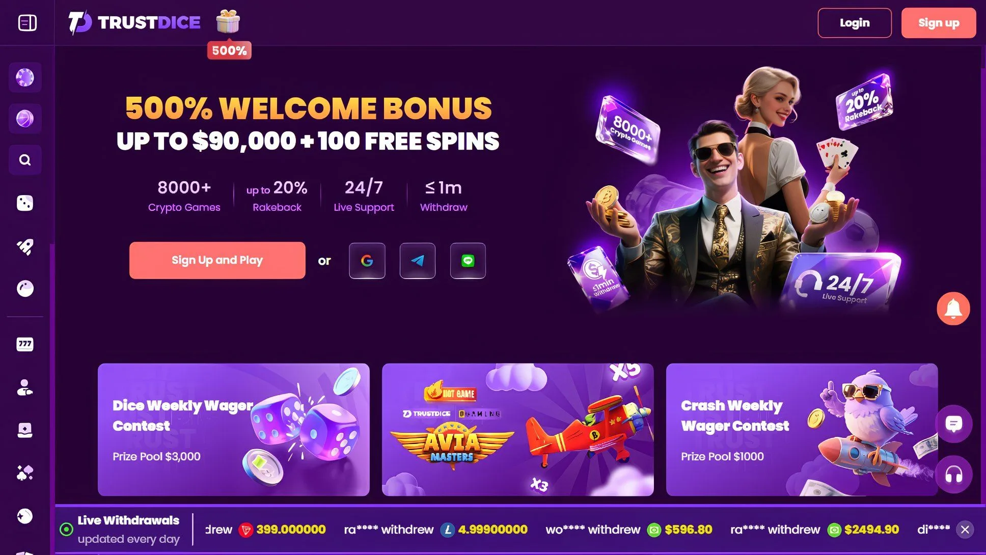TrustDice's homepage advertises rakeback, support and withdrawals within one minute. That timing is a marketing claim on the page, while the transaction feed is displayed activity rather than a payment independently checked for this dossier.
