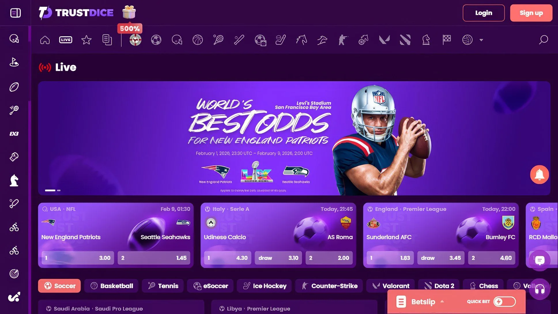 TrustDice's sportsbook view shows football markets, decimal odds and a bet slip. The dated NFL promotion is sports-interface context; no withdrawal form or withdrawal rule is visible in this capture.