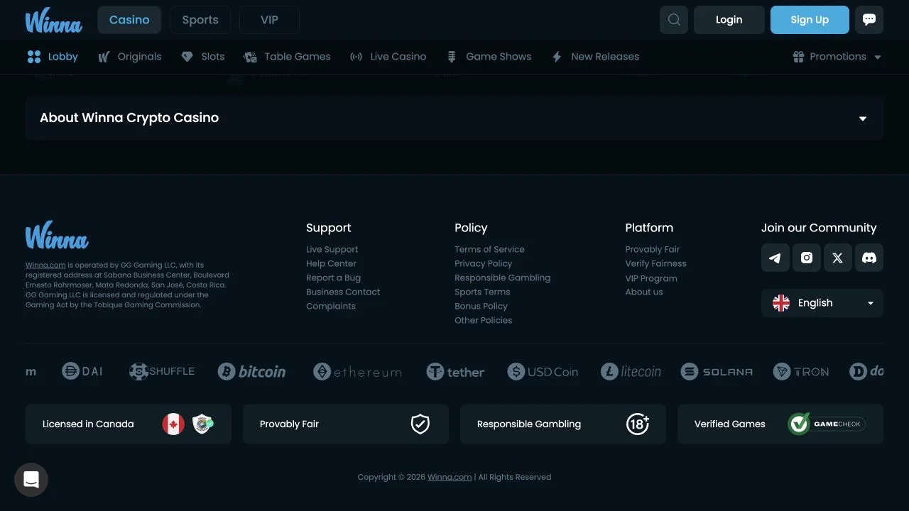 Winna's footer names GG Gaming LLC, its Costa Rican address and its stated Tobique regulatory relationship, with direct links to complaints, help and company policies.