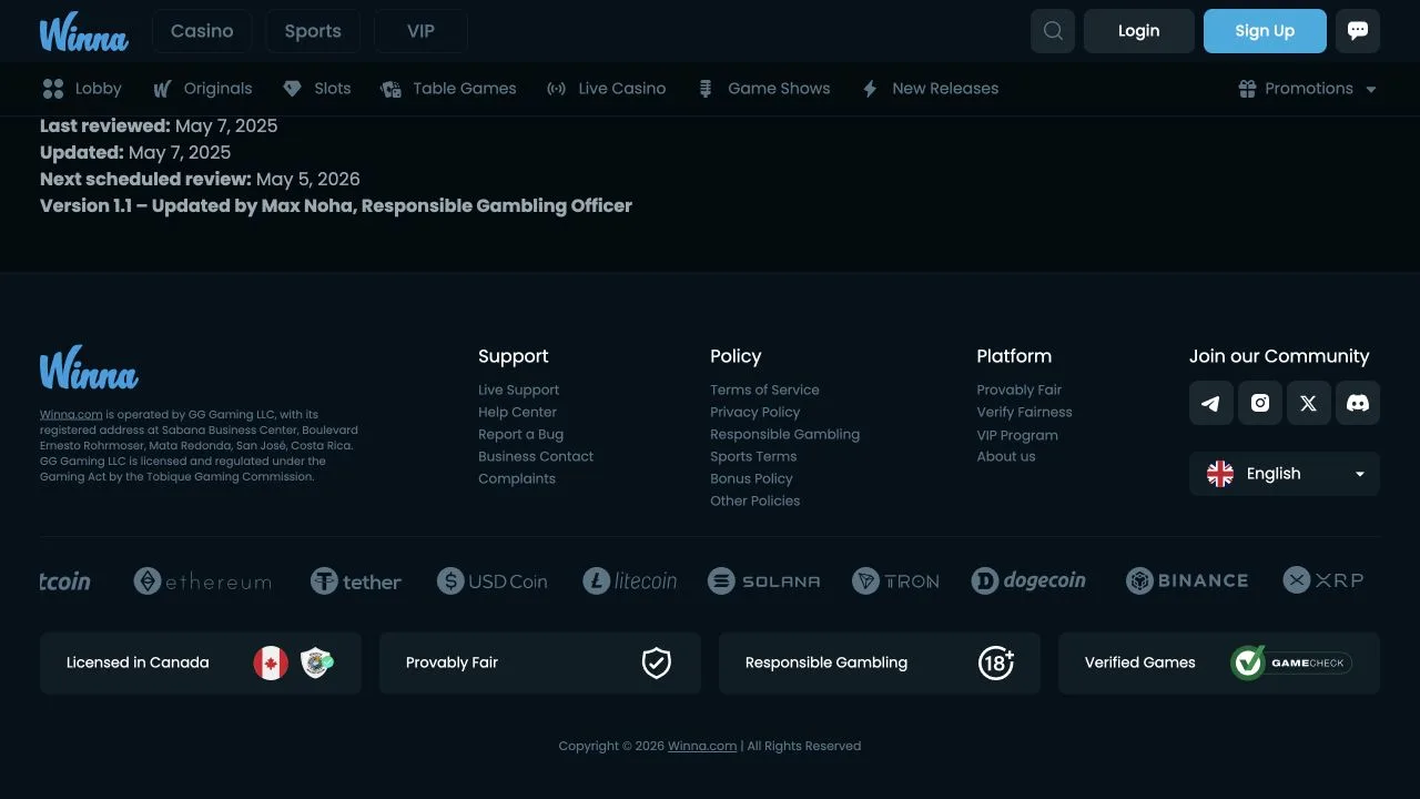 This Winna capture shows policy-review dates and the company footer. It records a scheduled review date, rather than the documents or thresholds required for KYC.