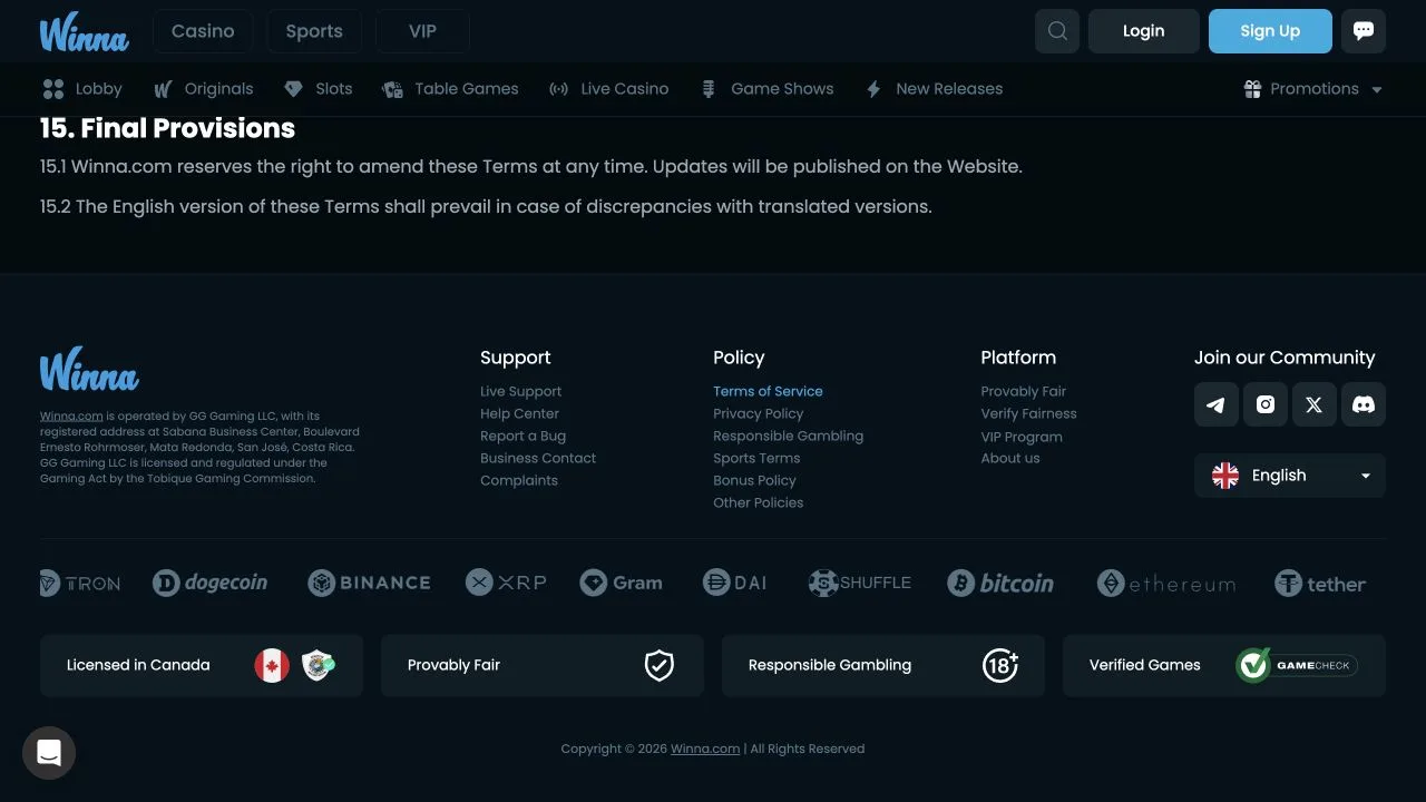 Winna's final terms say amendments will be published on the website and that English prevails when translations differ. The company and policy links appear immediately below.