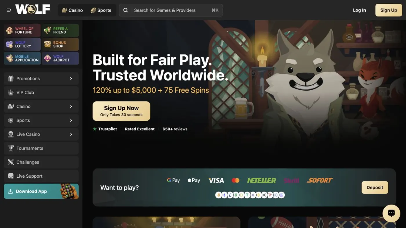 Wolf.io's homepage places casino, sports, live casino, tournaments and challenges alongside its bonus shop, lottery and jackpot features.