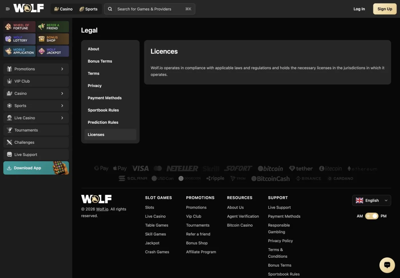 Wolf.io's licence page makes a general compliance statement in the captured text, without displaying a licence number or named regulator in that view.