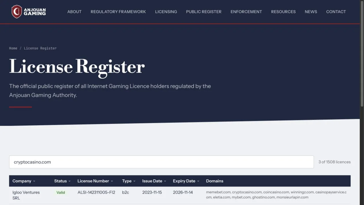 Anjouan Gaming licence register result for cryptocasino.com captured in September 2026