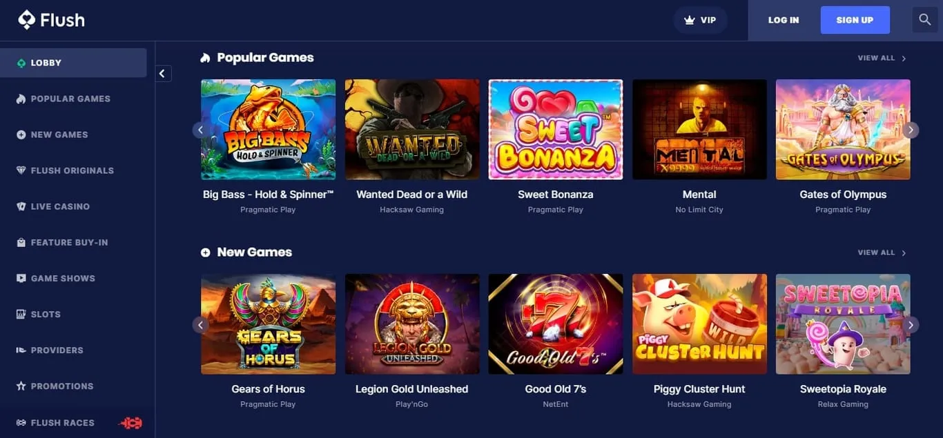 Flush official casino homepage captured during the September 2026 high-limit review
