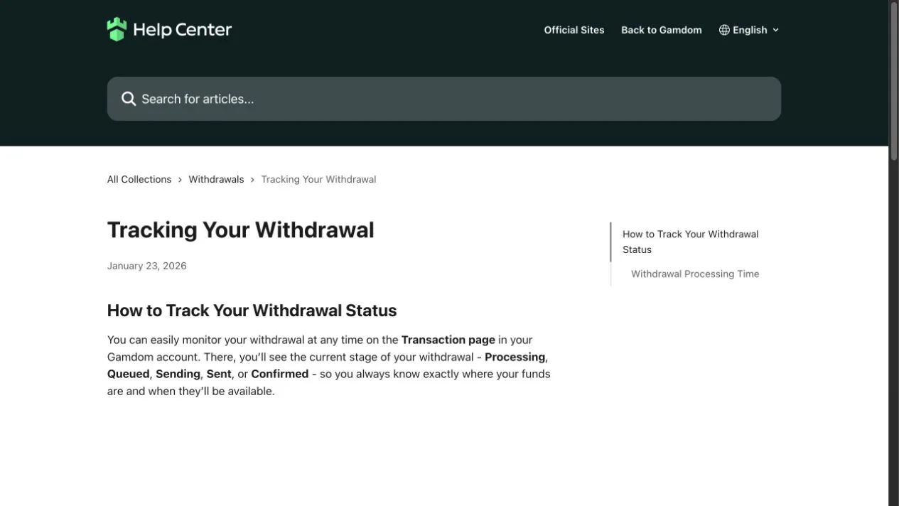 Gamdom crypto withdrawal interface reviewed for payout timing and fees