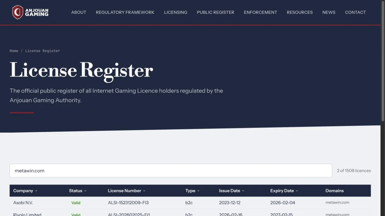 Anjouan Gaming register search for metawin.com showing two licence rows