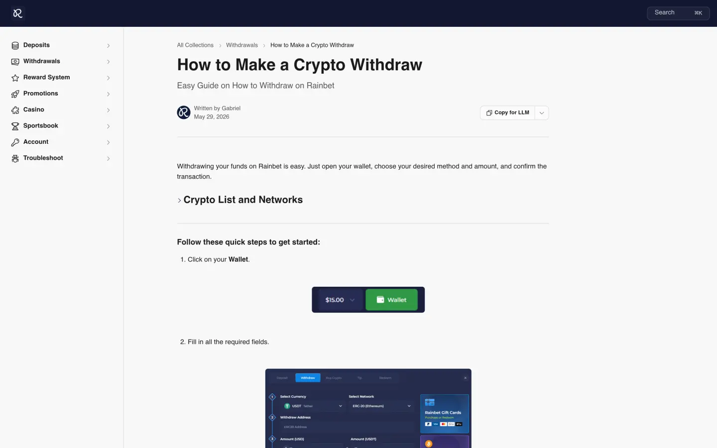 Rainbet official crypto withdrawal guide showing wallet and network selection