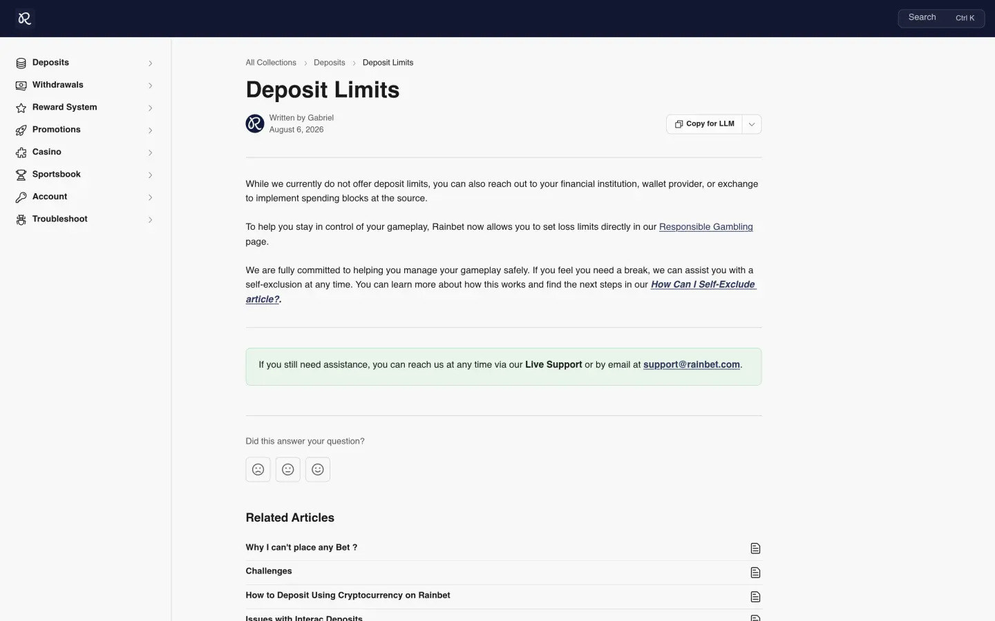 Rainbet deposit limits help page stating that operator deposit limits are not currently offered