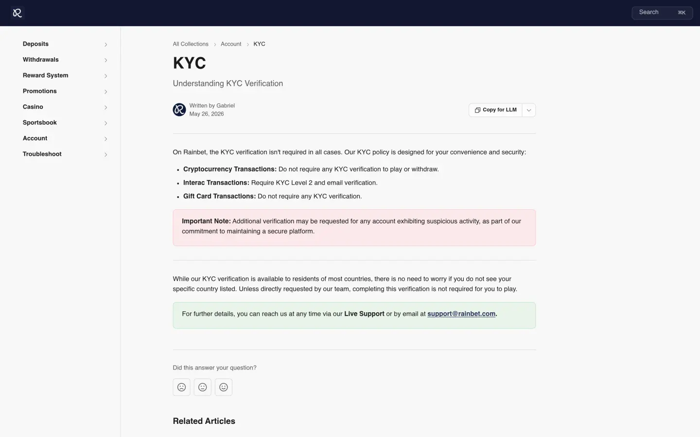 Rainbet KYC guide describing crypto withdrawals and additional verification