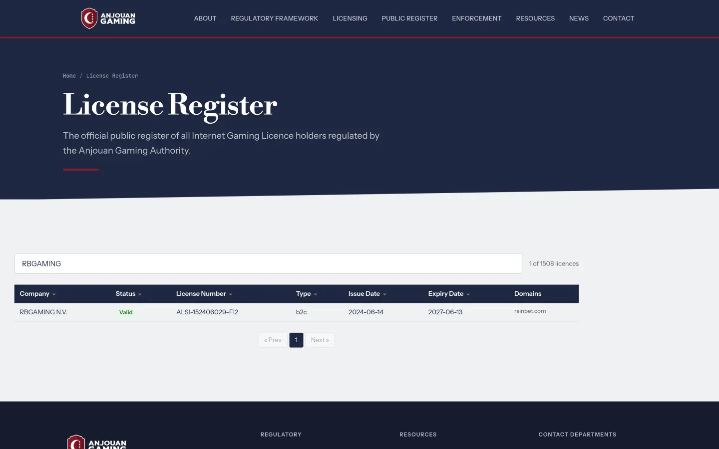 Anjouan Gaming public register entry for RBGAMING and rainbet.com