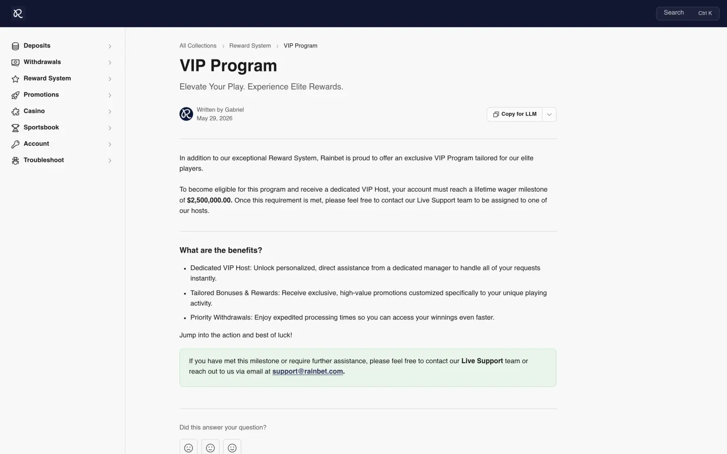 Rainbet VIP program showing the 2.5 million dollar wagering milestone and priority withdrawals