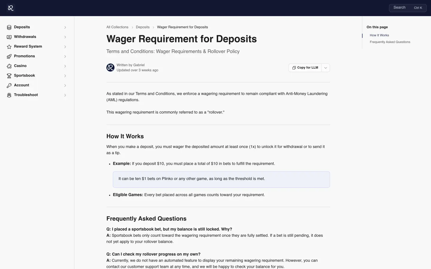 Rainbet help article documenting the one times deposit wagering requirement