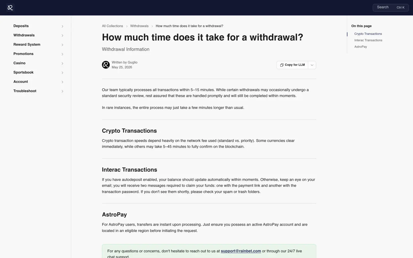 Rainbet help center showing its 5 to 15 minute withdrawal processing target