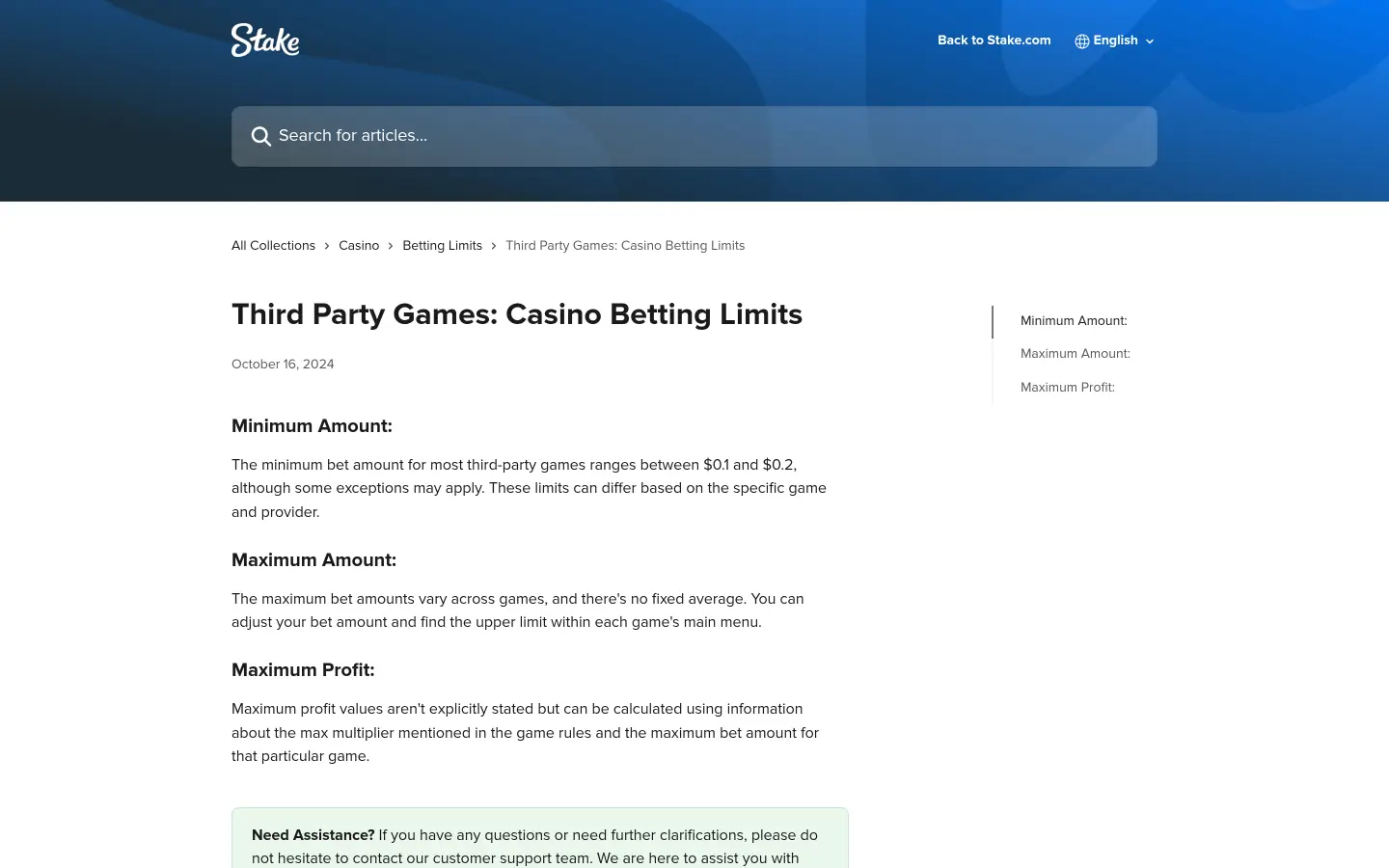 Stake third party casino betting limits page explaining game specific maximum bets