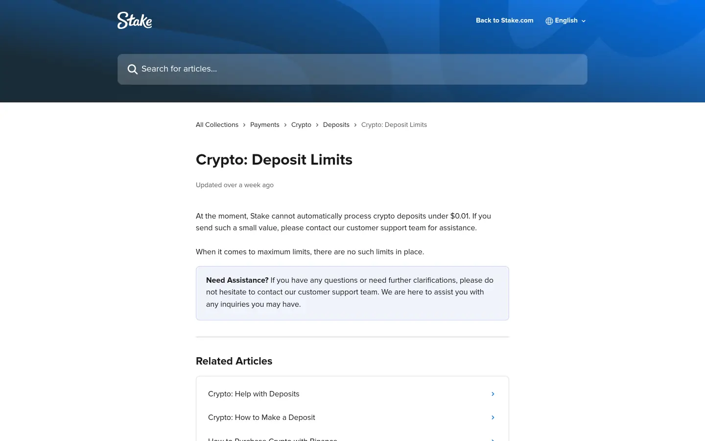 Stake official crypto deposit limits article showing no maximum deposit limit