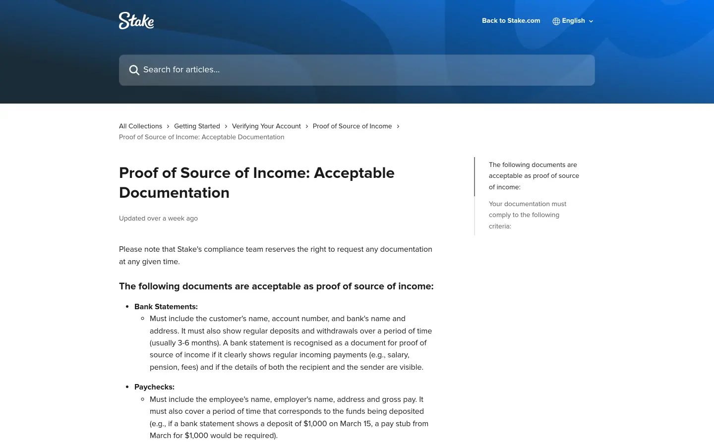 Stake source of income documentation requirements for compliance review