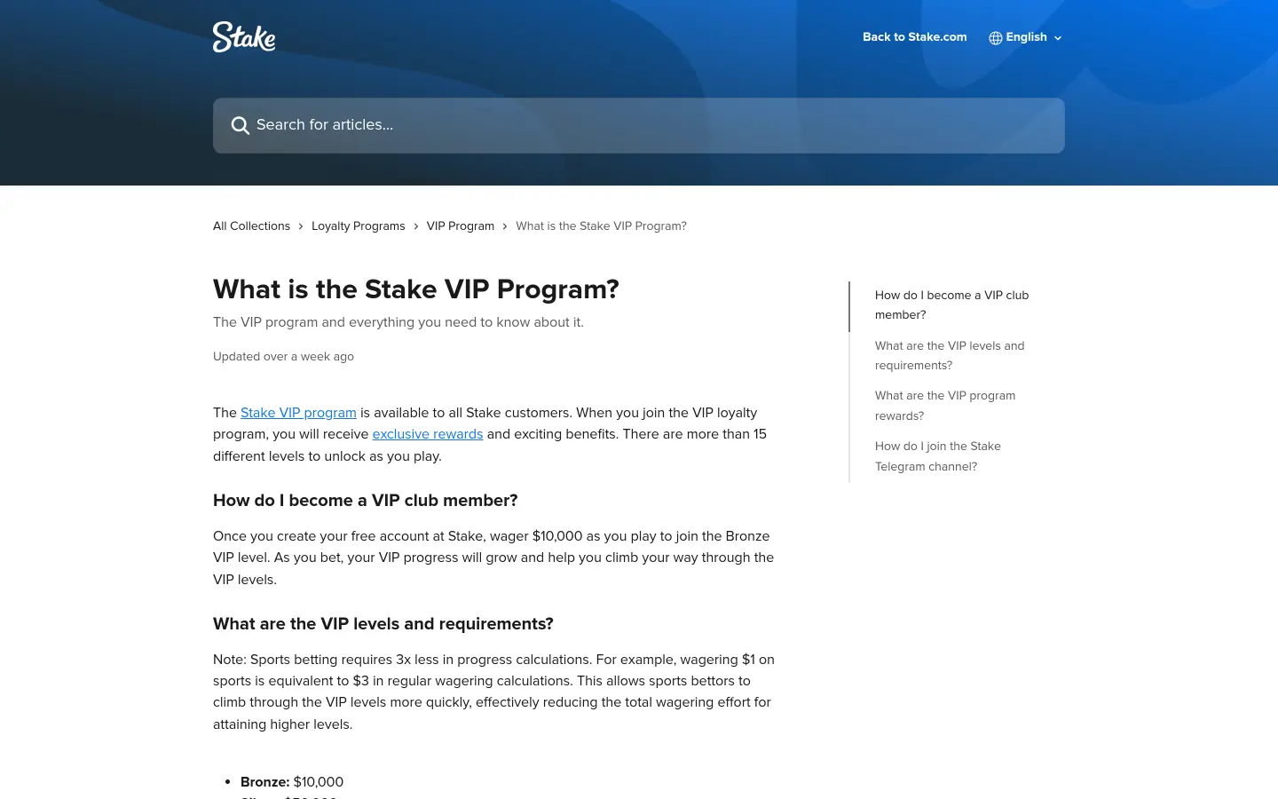 Stake VIP programme page showing tier wagering requirements and benefits