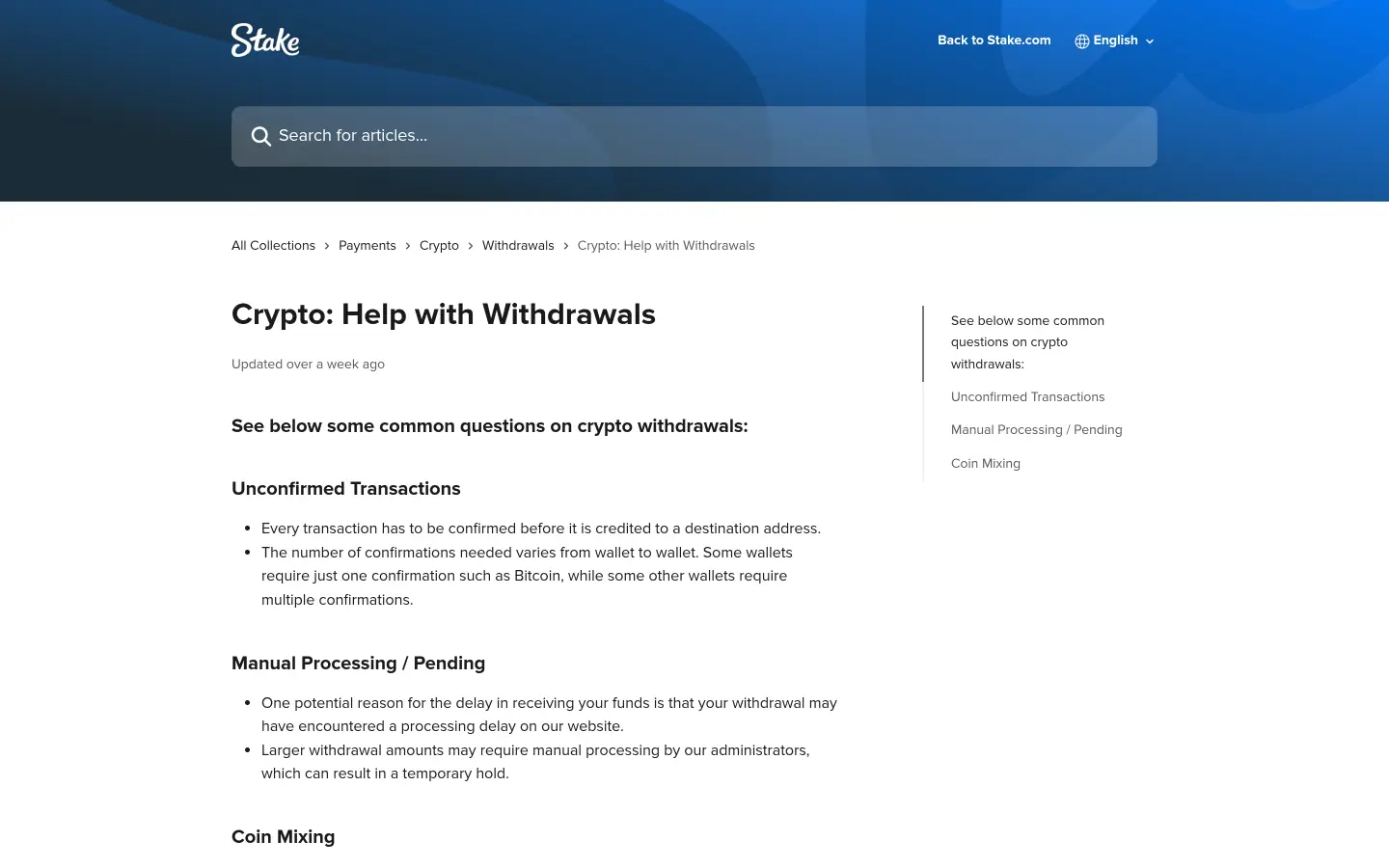 Stake withdrawal help article explaining manual processing for large cashouts