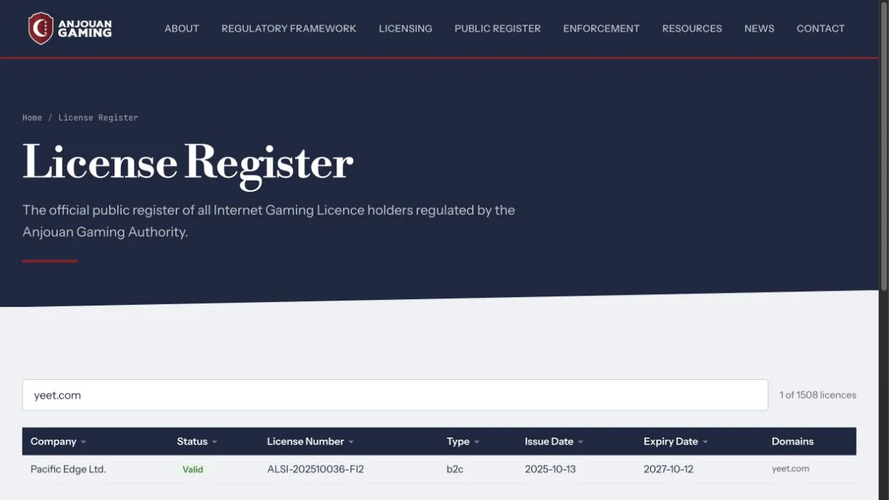 Anjouan Gaming licence register row returned for yeet.com